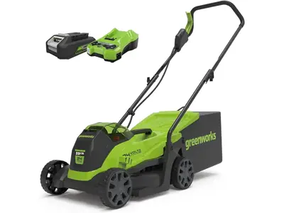 Cortacésped Greenworks GD24LM33K2 con batería (24V, 33cm ancho corte, 280m², 30L recogedor)