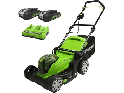 Cortacésped Greenworks 48V: ancho 41cm, 6 alturas, 2 baterías y cargador incluido.